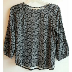 LOFT Women's Size S Black/White/Green Paisley Blouse w3/4" Sleeves Crochet Inlay